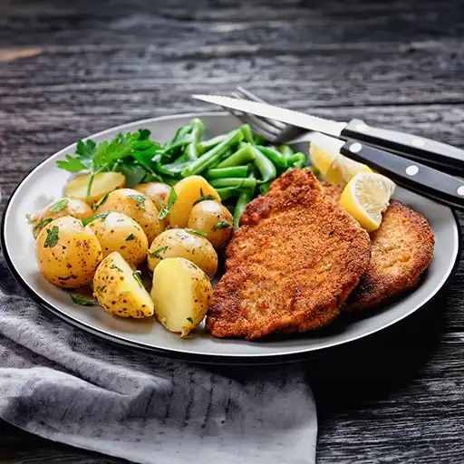 Schweineschnitzel serviert mit Kartoffeln und grünen Bohnen