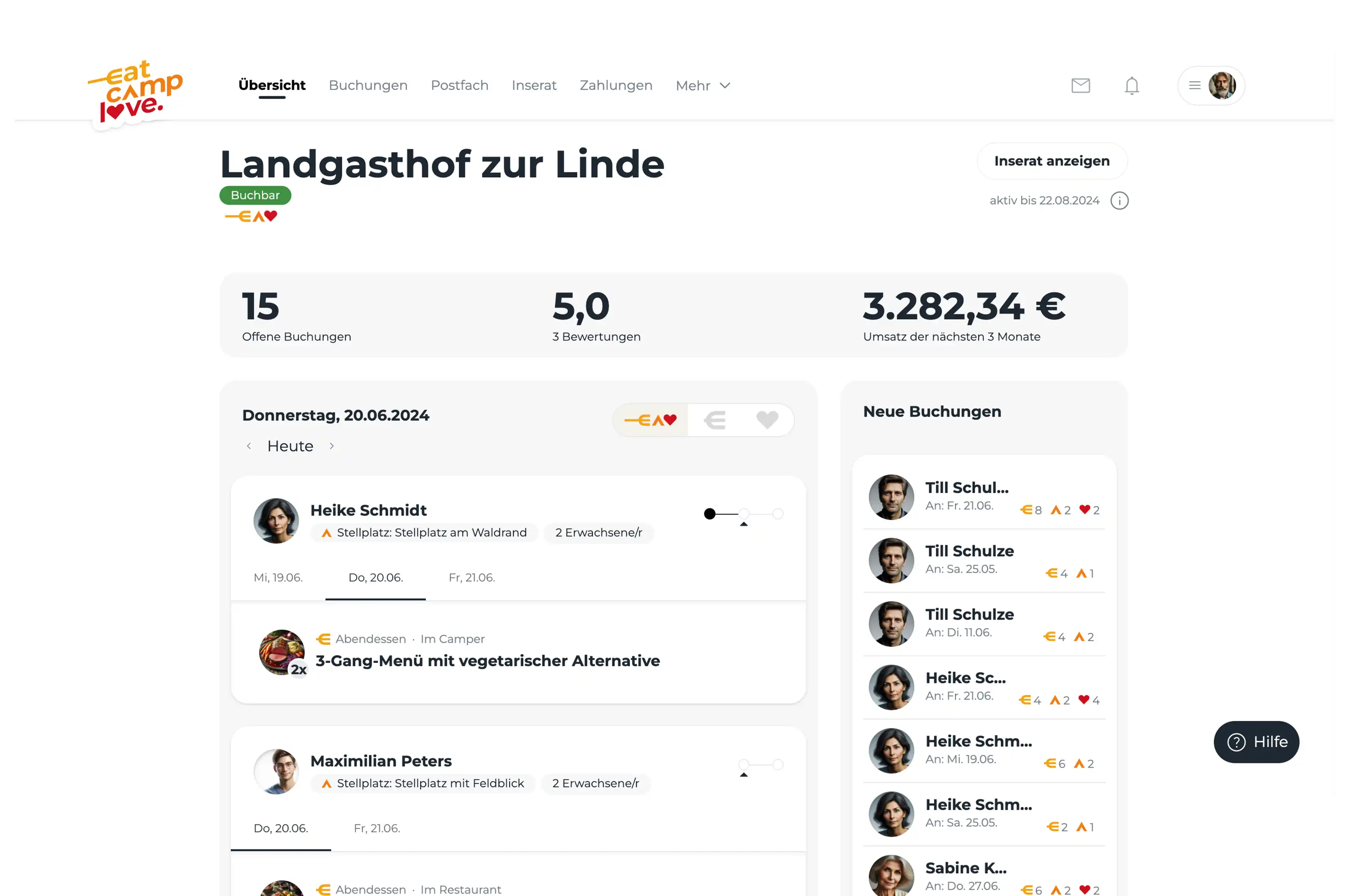 Screenshot des Dashboards von EatCampLove